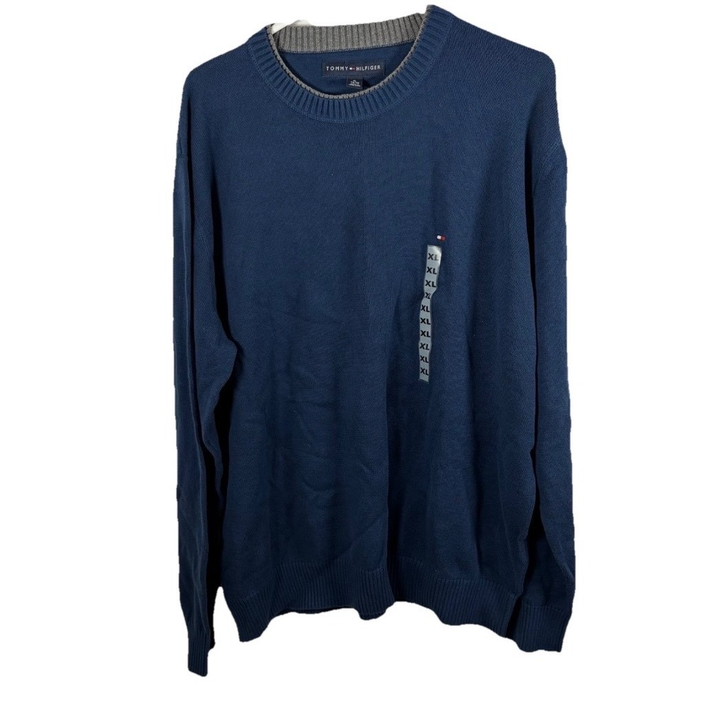 NWT Tommy Hilfiger Sweater Navy Blue Y2K Cotton Crewneck Preppy Men XL Classic